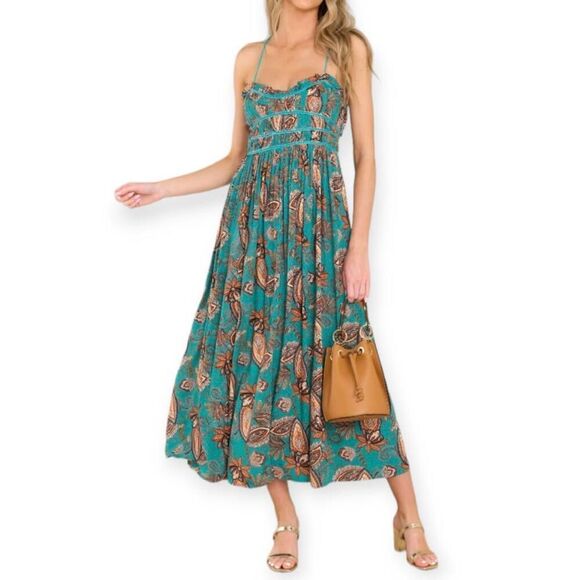 MILLIBON RED DRESS BOUTIQUE Timeless Moments Turquoise Blue Floral Print Midi Dr - Picture 2 of 13